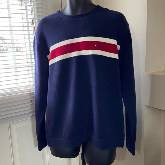 Tommy Hilfiger men blue, red, white 100% cotton, crew neck sweater. Size L. Used - Picture 11 of 11